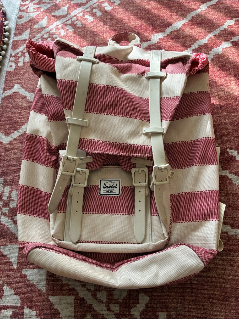 Herschel Supply Co. Striped Roll-Top Backpack in Cream and Red